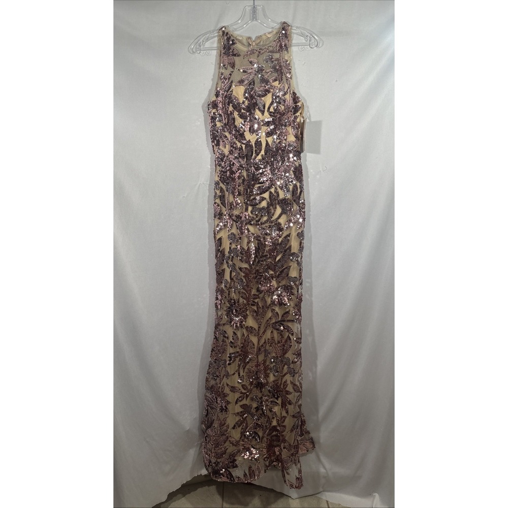 NWD Hynes Park [ No Sz ] Halter Sequin Floral Evening Gown Nude Rose Gold #J2105